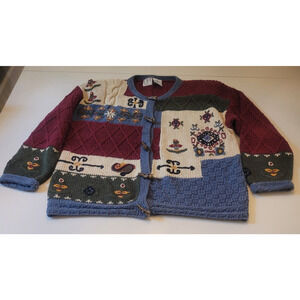 VTG Knit Chu‎ Floral 90s Grandma Sweater Patchwork Garden Women's M Shoulder Pad